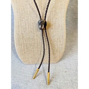 Vintage Picasso Jasper Bolo Tie Braided Leather Cord Brass Tips Western Style